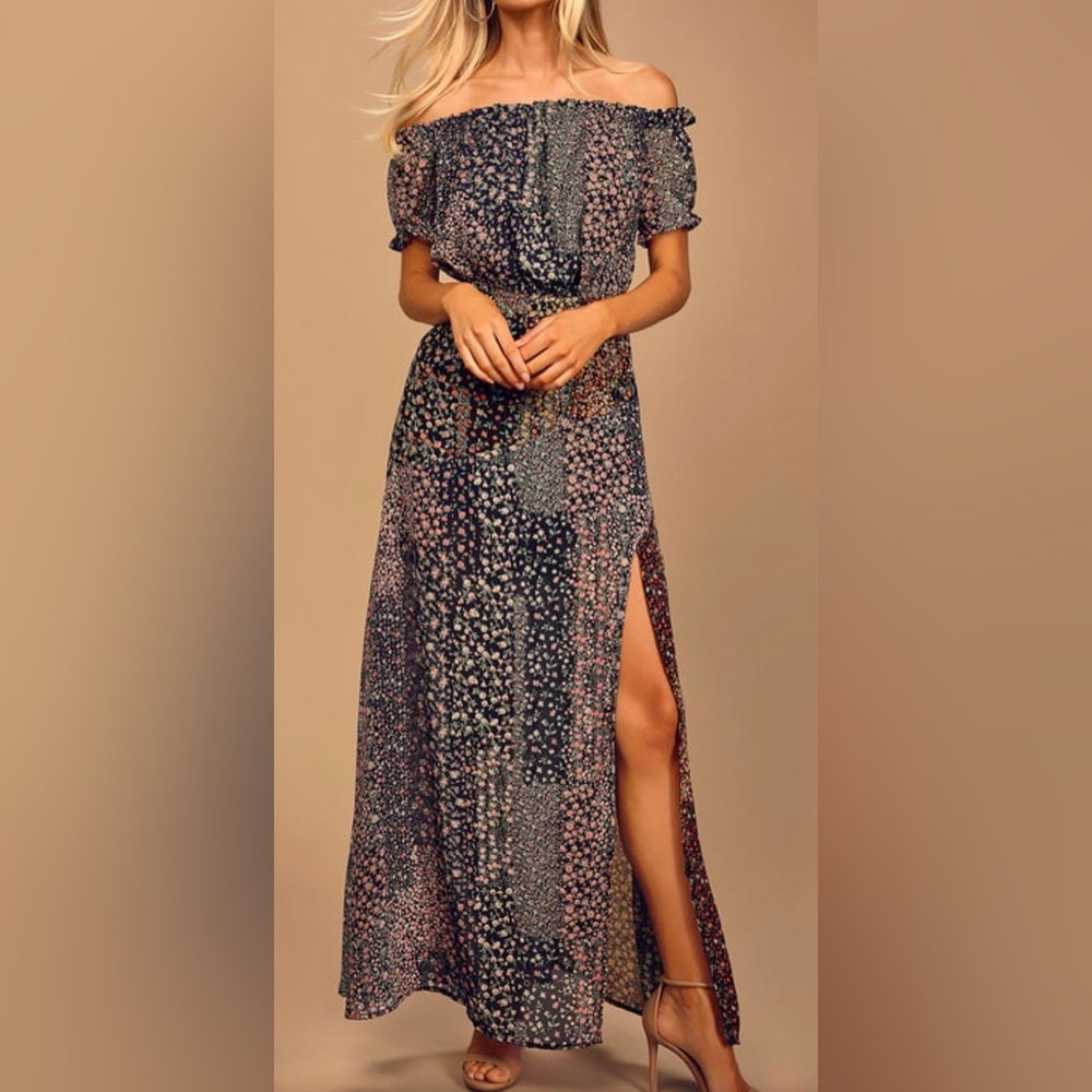 Lulus Neva Navy Floral Print Maxi Dress